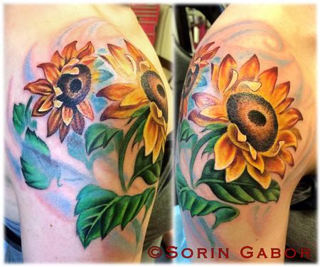 Tattoos - Realistic color sunflower shoulder tattoo - 101975